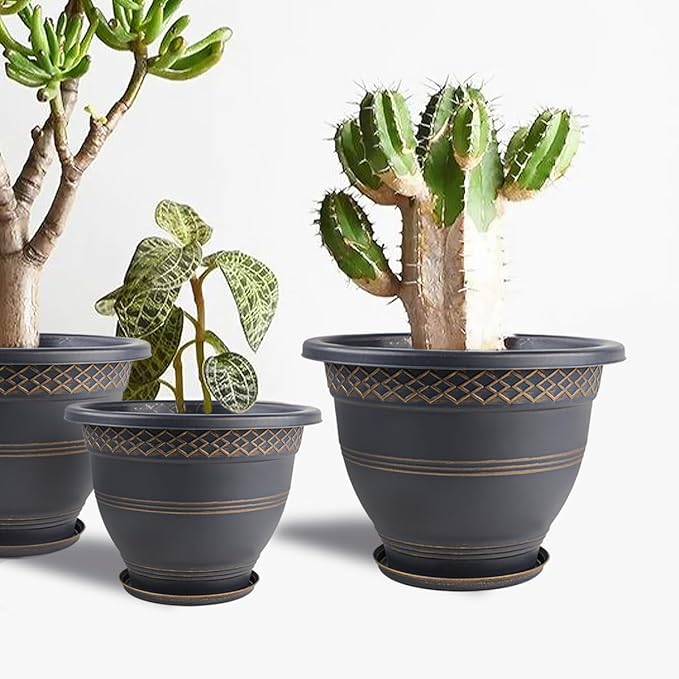 10 Inch 4 Pack Large Plant Pots, Plastic Flower Pot for Indoor & Outdoor with Drainage Holes & Saucer, Plaid Pattern Planters Garden Pots for Herbs-Ruum Studio Home