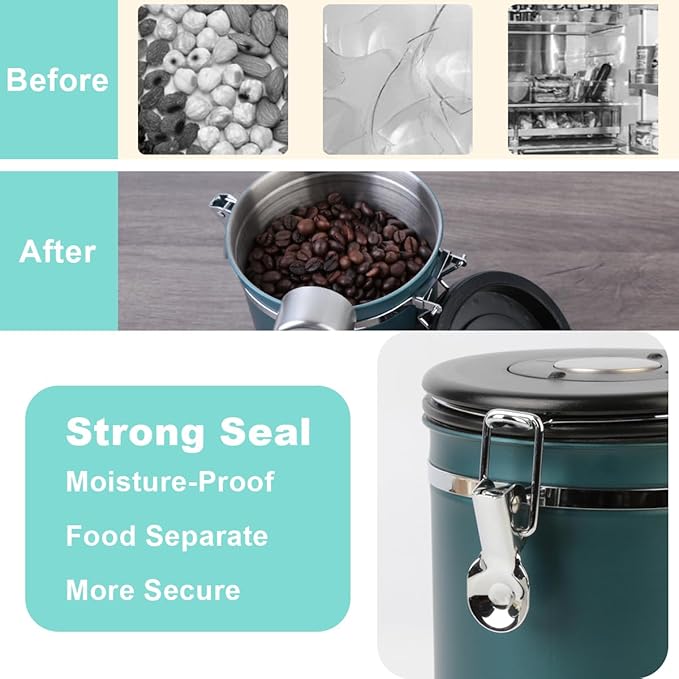 Coffee Canister Airtight Storage Container Stainless Steel Air Tight Coffee Jar with Scoop, Date Tracker CO2 Release Valve for Dry Food, Beans, Ground, Tea, Flour, Cereal and Sugar (1.8L,Green,2Pcs)-Ruum Studio Home