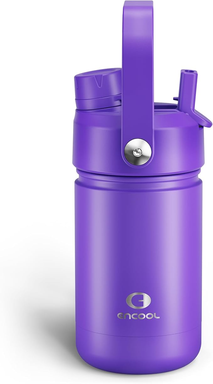 Kids Insualated Water Bottle with Straw - 12oz Stainless Steel Water Bottle with Dual Spouts, Leak-Proof, BPA-Free, Double Wall Vacuum Keeps Cold for 24 Hours for Sports, Travel, School (Violet)-Ruum Studio Home