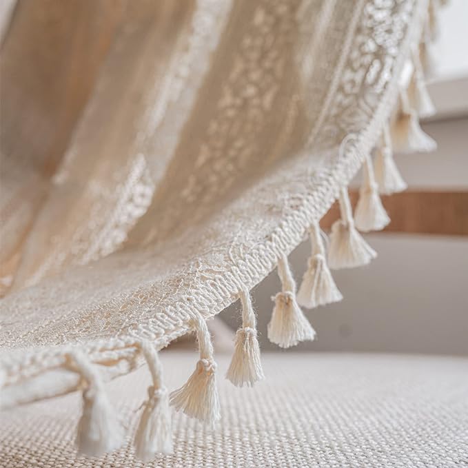 Sutuo Home Boho Curtain Crochet Lace Semi-Sheer Florals Hollow Knitted Handmade Tassels, Rod Pocket Window Treatment Vintage Rustic Farmhouse Drapes for Living Bedroom, 1 Panel 59" W x 63" L, Beige-Ruum Studio Home