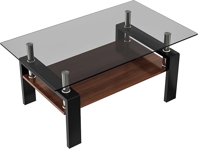 Glass Coffee Table Rectangle Living Room Center Table, with Gray Tempered Glass Tabletop and Brown MDF Layer,for Living Room and Office, Gray+Brown-Ruum Studio Home
