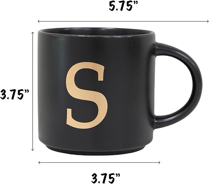 COLLECTIVE HOME - Monogram Ceramic Mugs, 15 oz Golden Initial Black Coffee Cups, Elegant Alphabet Tea Mugs, Elegant Personalized Mug with Gift Box, Unique Mug with Double Side Capital Lette (S)-Ruum Studio Home