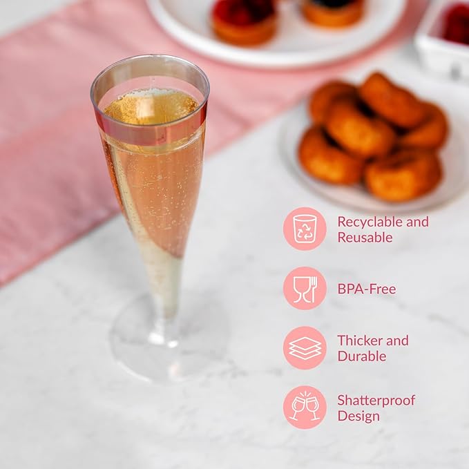 Prestee Set of 24 Plastic Champagne Flutes with Rose Gold Rim - 4.5 oz - Shatterproof Disposable Glasses - Elegant Design - Ideal for Weddings, Cocktail Parties, and Outdoor Celebrations-Ruum Studio Home
