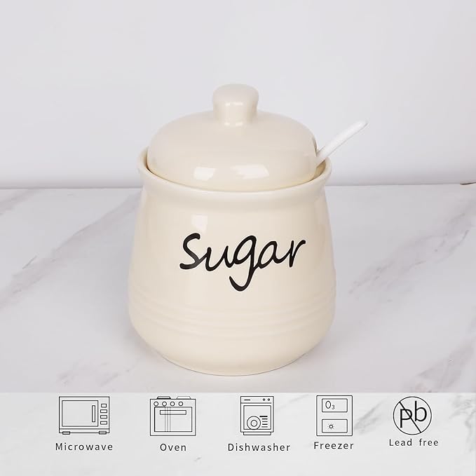 HAOTOP 12oz Sugar Bowl with Lid and Spoon,Ceramic Sugar Jar Sugar Dispenser Sugar Container Coffee Bar Accessories, Kitchen Countertop Canisters, Beige-Ruum Studio Home