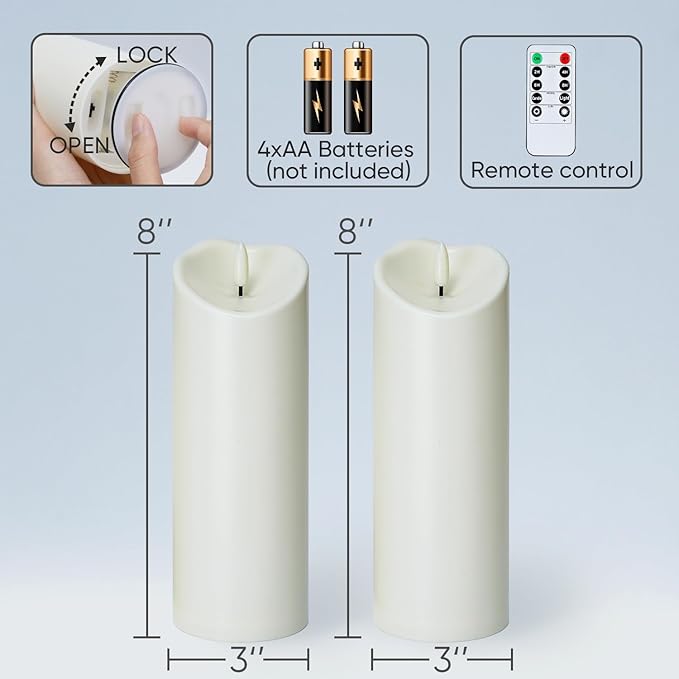 Homemory Outdoor Waterproof LED Candles, Battery Operated with Remote and Timers, Electric Fake Plastic Pillar Candles, Ivory White, Set of 2-Ruum Studio Home