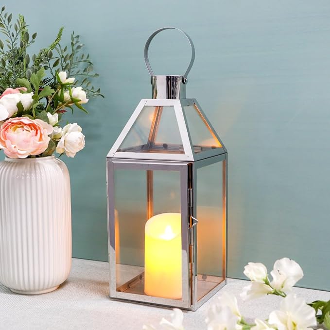 JHY Design Silver Decorative Lanterns 16inch High Stainless Steel Candle Lanterns with Tempered Glass for Indoor Outdoor Events Parities and Weddings-Ruum Studio Home