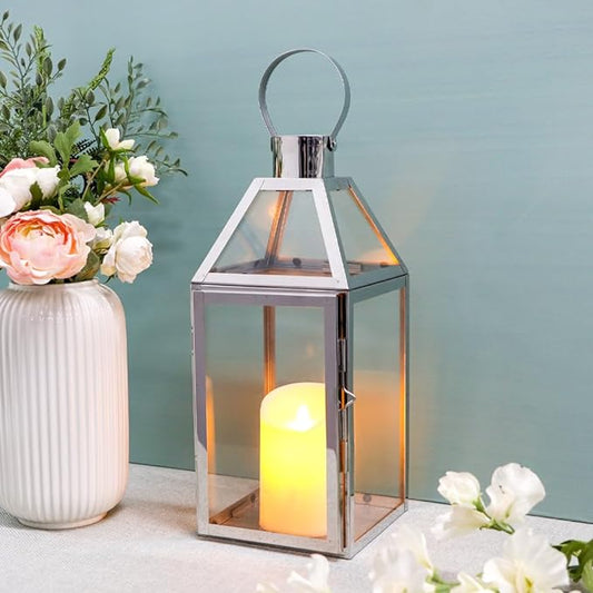 JHY Design Silver Decorative Lanterns 16inch High Stainless Steel Candle Lanterns with Tempered Glass for Indoor Outdoor Events Parities and Weddings-Ruum Studio Home
