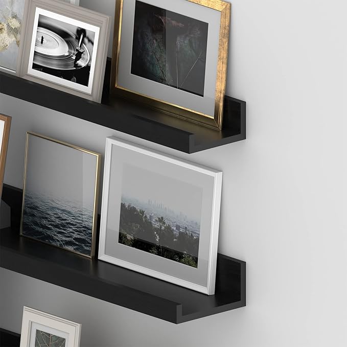 Giftgarden 16 Inch Black Floating Shelves for Wall Mount, Woodgrain Wall Shelf Ledge for Bathroom Bedroom Kitchen Living Room Office Storage, Set of 3 Different Sizes-Ruum Studio Home