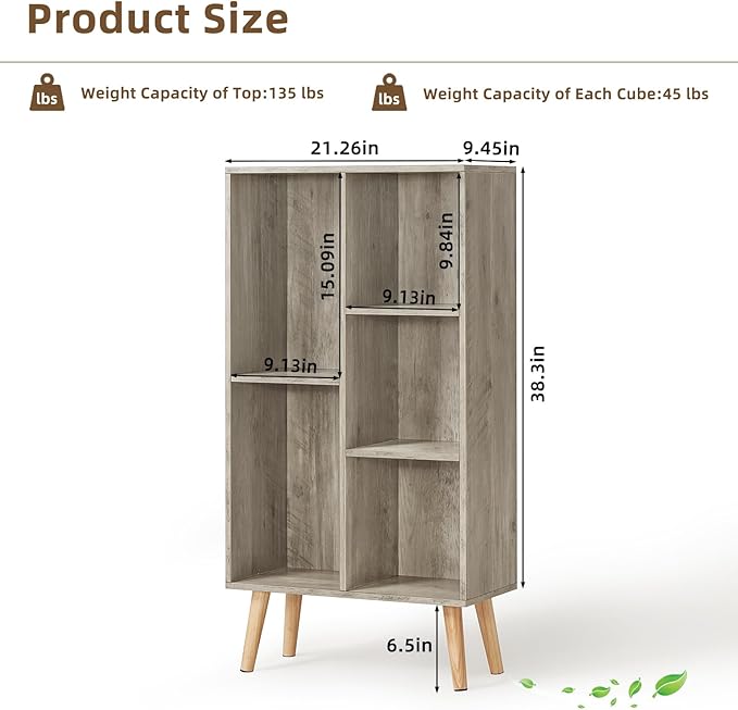 5 Cube Small Bookshelf,3 Tier Mid-Century Modern Bookcase with Legs,Wood Bookshelves Storage Organizer Shelf,Free Standing Narrow Book Shelves,Rustic Grey Corner Bookcases for Bedroom,Living Room-Ruum Studio Home