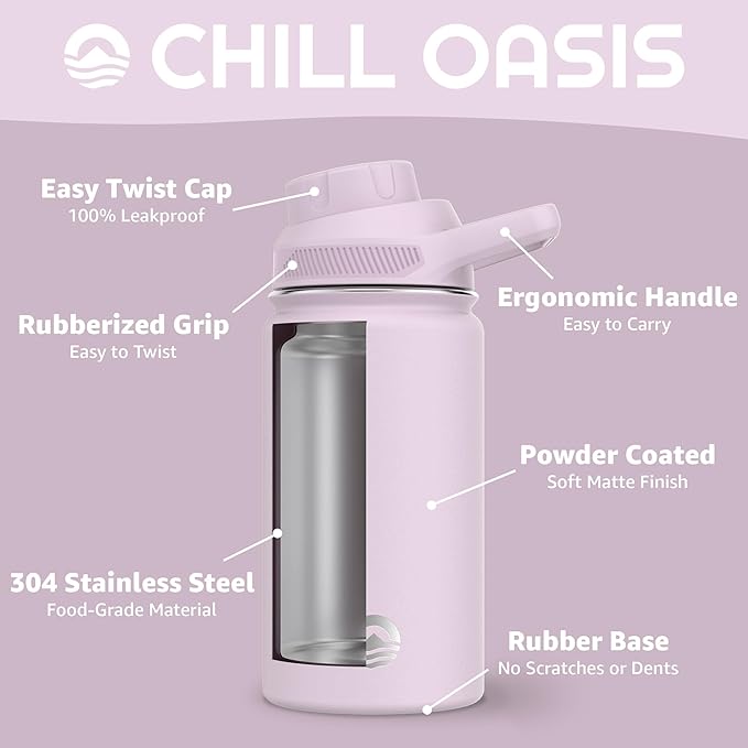 Chill Oasis Water Bottle | Compatible With Popular Flavor Cartridges | BPA Free, Leak Proof, Double-Walled Vacuum Insulated Stainless Steel, and Dishwasher Safe | Cold for 24 Hours (Lavender, 12oz)-Ruum Studio Home