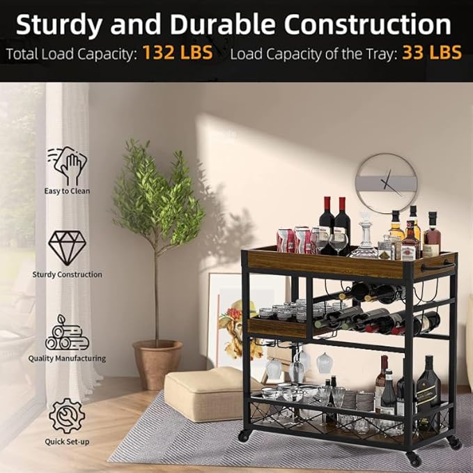Vintage Bar Cart with Removable Tray and Wheels, Mobile Home Bar Serving Cart with Wine Rack, Glass Holder and Storage Shelves, 3-Tier Rolling Beverage Cart for Home or Patio-Ruum Studio Home