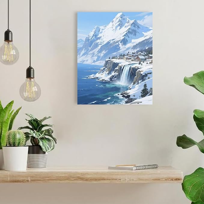 Winter lakeside town and snowy scenery merge together to form a landscape poster wall art suitable for living room bedroom and office-Ruum Studio Home