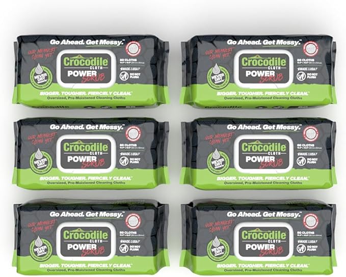 Crocodile Cloth Power Scrub - 6 pack. 480 (15" x 10") Heavy Duty Cleaning Wipes. Safe on Skin & Multiple Surfaces. Infused with Aloe & Vitamin E. Textured, Large, Pre-Moistened & Absorbent.-Ruum Studio Home