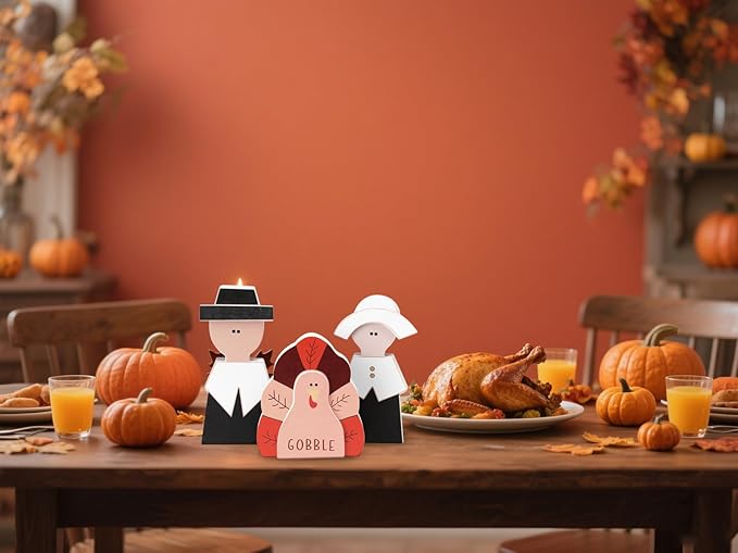 Amorita Fall Thanksgiving Decorations Wooden Turkey Pilgrim Couple Table Sign 3 Pcs Fall Thanksgiving Decor Standing Tabletop Sign Decor for Autumn Harvest - Z-Ruum Studio Home