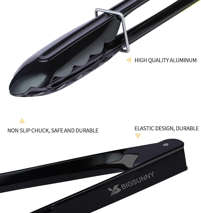 MSY BIGSUNNY 9 Inch Kitchen Food Tongs, Buffet Tongs, Serving Tongs, Black Aluminum Tongs - Set of 3-Ruum Studio Home