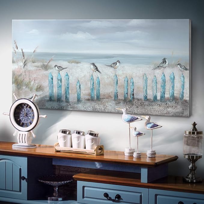 amatop Large Living Room Wall Art Hand-Painted 3D Seascape Canvas Oil Painting Ocean Beach Coastal Picture Artwork for Home Decorations Bedroom Office Décor 48x24inch-Ruum Studio Home
