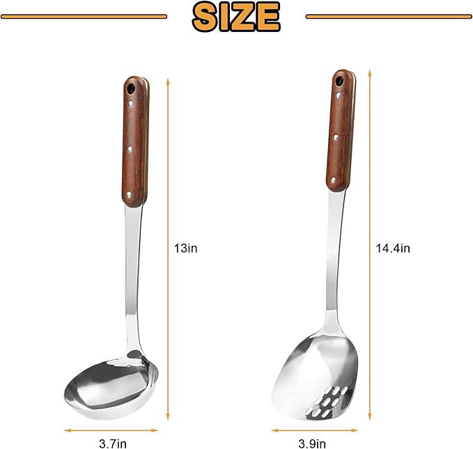 FJNATINH Stainless Steel Wok Spatula and Ladle Tool, Mirror Polished Cooking Utensils Set Metal Wok Accessories with Wooden Handle,Easy to Clean Kitchen Utensils,Sliver-Ruum Studio Home