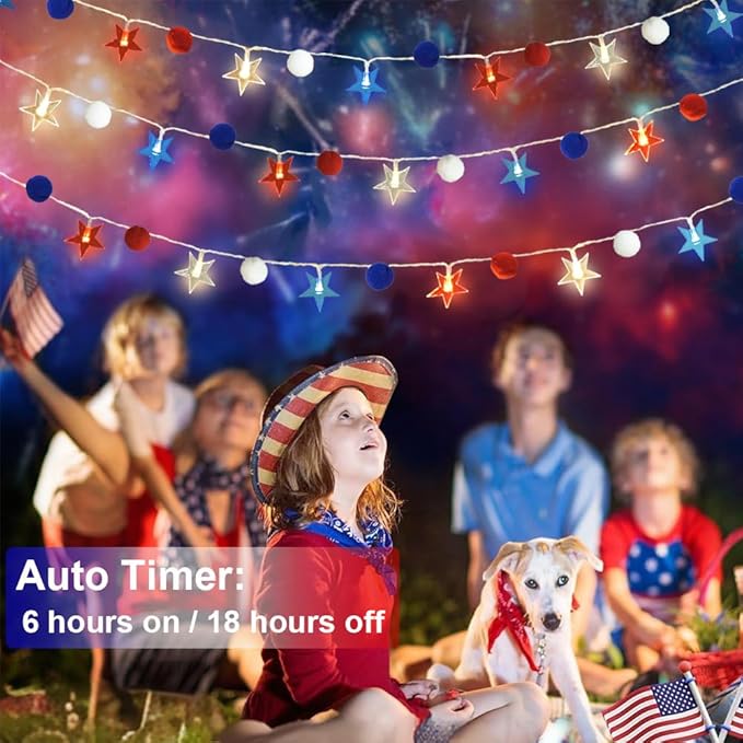 4th of July Decorations 9.85FT Red White and Blue Star String Lights Pom Pom Star Lights Battery Operated with Timer Fairy Lights for Independence Day Memorial Patriotic Fourth of July Decor for Home-Ruum Studio Home