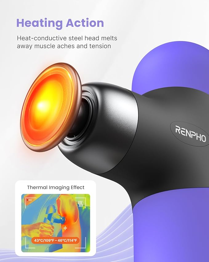 RENPHO Mini Thermal Massage Gun with Heat, Portable Deep Tissue Percussion Massager, Color Silicone Sleeves Travel Size with Carry Case, Purple-Ruum Studio Home