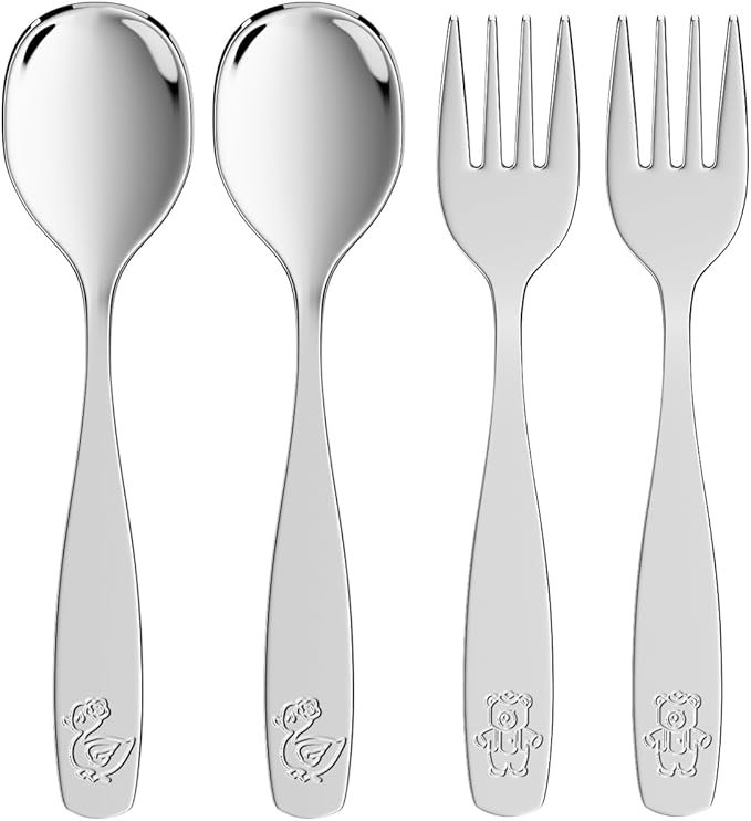 Toddler Utensils 4 Set, Kids Stainless Steel Silverware Set - 2pcs Forks and 2pcs Spoon, Cute Children Flatware Sets with Mirror Polished, Self Feeding Safe, Dishwasher Safe-Ruum Studio Home