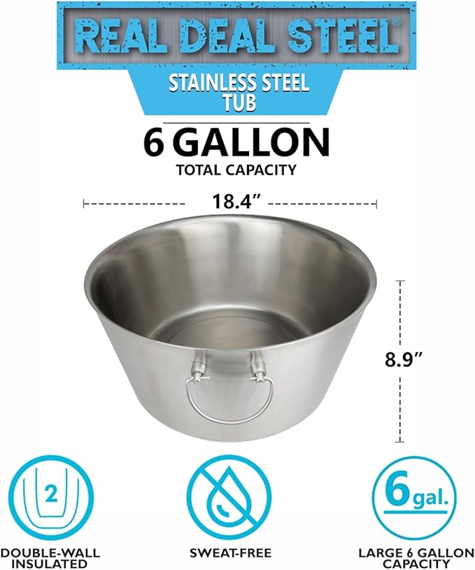 Stainless Steel Insulated Beverage Tub - Real Deal Steel, Large 6 Gallon Round Double Walled Party Tub, Drink Bucket for Parties, Ice Cooler for Wine Beer-Ruum Studio Home