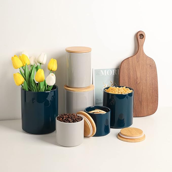 Sweejar Ceramic Kitchen Canister Sets, Porcelain Container for Countertop, Heavy Food Storage Jars with Airthight Seal Bamboo Lid, Servering for Sugar, Coffee Beans, Tea Leaves, Pack of 4（Gray）-Ruum Studio Home