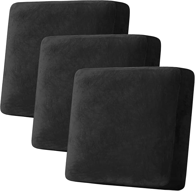 H.VERSAILTEX Velvet Stretch Couch Cushion Cover Plush Cushion Slipcover for Chair Loveseat Sofa Cushion Furniture Protector Seat Cushion Sofa Cover (3 Piece XL Sofa Cushion Covers, Black)-Ruum Studio Home