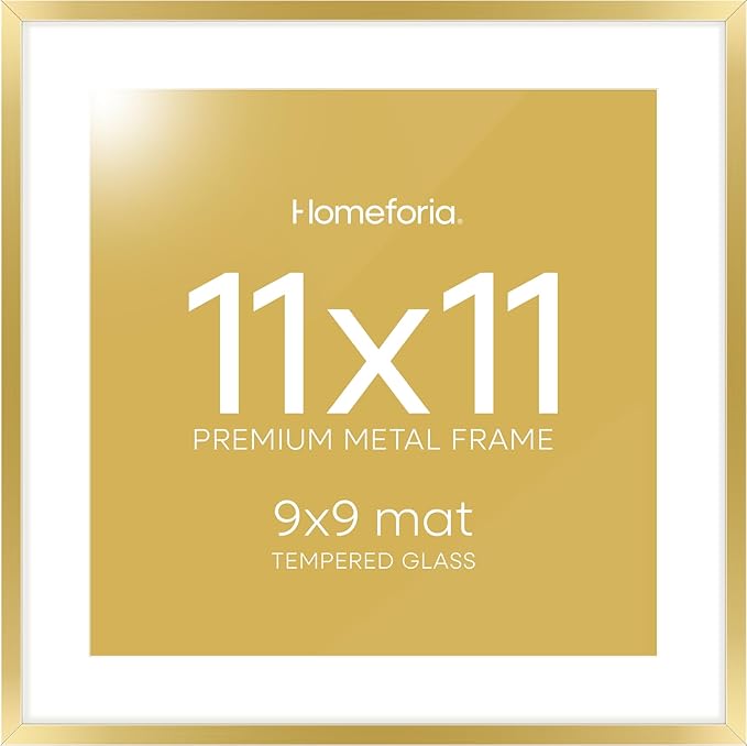 Homeforia 11x11 Picture Frame Gold, High End Metal 11 by 11 Square Frames with Mat 9 x 9 Photo, 11by11 Thin Poster Frame Matted to 9x9 inch Art, Wall Hanging Frames, Tempered Glass, Wall Kit, Set of 1-Ruum Studio Home