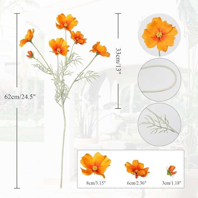 IPOPU Orange Silk Flowers Artificial Daisies 5PCS Cosmos Artificial Flowers Fake Wildflowers Daisy Flowers with Stems for Home Decor Indoor Floral Arrangements Centerpiece (Orange)-Ruum Studio Home