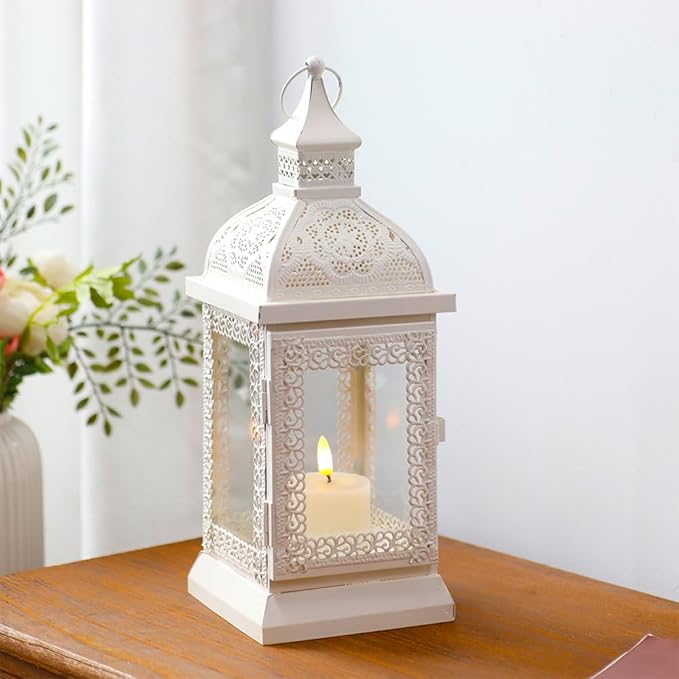TRIROCKS Rustic Style Metal Candle Lantern 13'' High Decorative Outdoor Lantern Candle Holder with Tempered Glass for Thanksgiving Christmas Living Room Garden Patio Parties Indoors Outdoors (Cream)-Ruum Studio Home