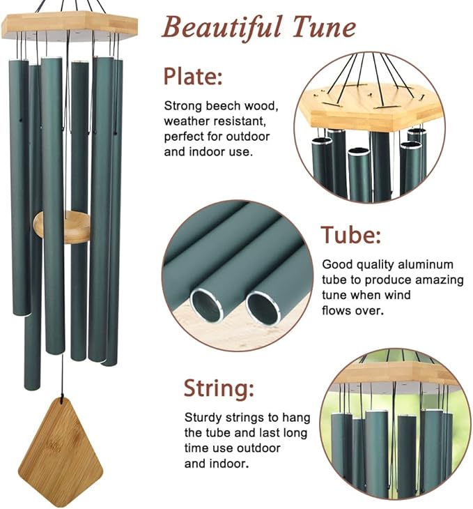 Wind Chimes Outdoor Deep Tone, 36 Inches Large WindChimes Outdoor Sympathy Windchime for Mom/Housewarming/Christmas, Garden Chimes for Outside Decoration. Green-Ruum Studio Home