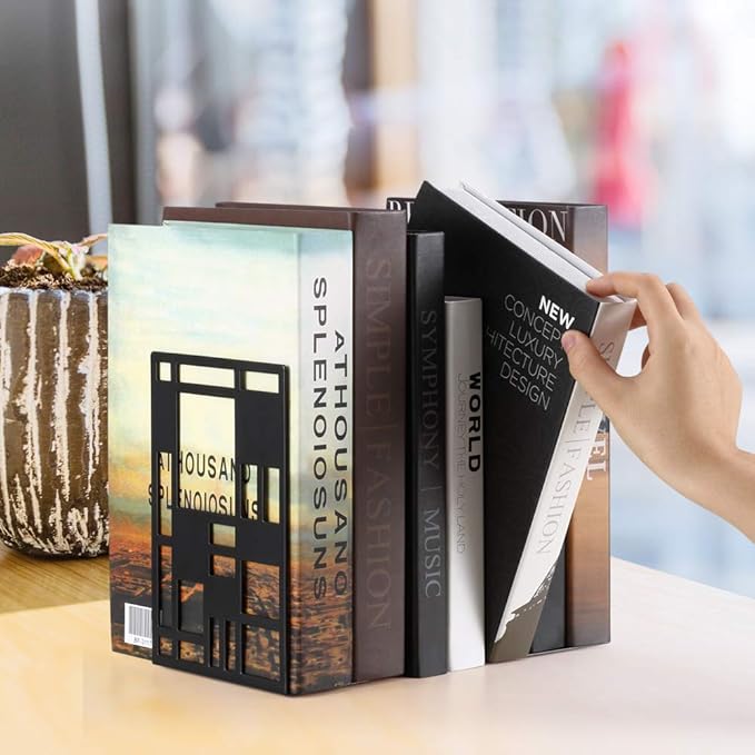 Book Ends, Bookends, Book Ends for Shelves, Bookends for Heavy Books, Book Divider Decorative Holder, Metal Heavy Duty Bookend Black 3 Pair, Abstract Art Desgin Book Stopper Supports for Office, Home-Ruum Studio Home