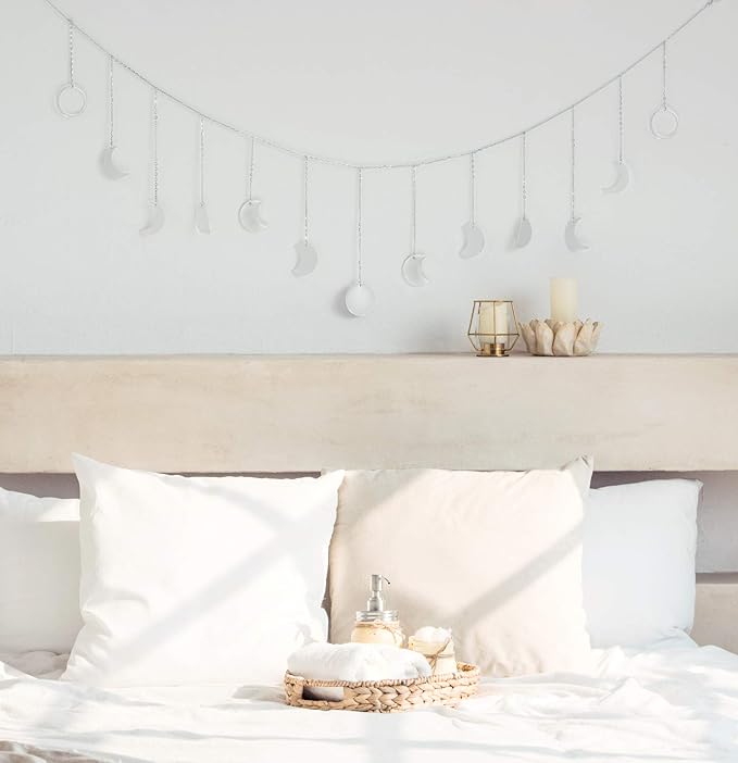 Mkono Moon Phase Wall Hanging Boho Aesthetic Room Decor Metal Moons Garland Hanging Art Bohemian Home Decoration for Girls Room Nursery Bedroom Livingroom Dorm, Ideal, Silver, 55"-Ruum Studio Home