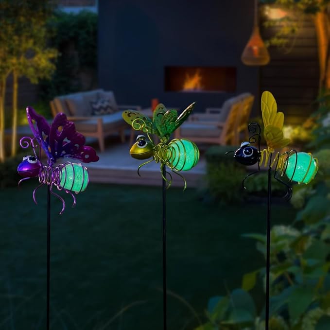 Garden Decor for Outside,3 Pcs Luminous Insect Garden Decorative Stakes,Glow in The Dark Bee Lights Metal Yard Art,Waterproof Outdoor Spring Lawn Patio Pathway Decoration for Mom,Women,Grandma-Ruum Studio Home