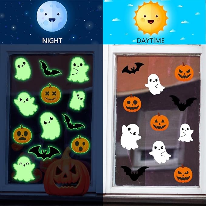 3 Sheets Glow in The Dark Halloween Window Clings Luminous Halloween Window Stickers Pumpkin Ghost Wall Decor Glowing Window Clings for Scary Halloween Theme Party Decorations-Ruum Studio Home
