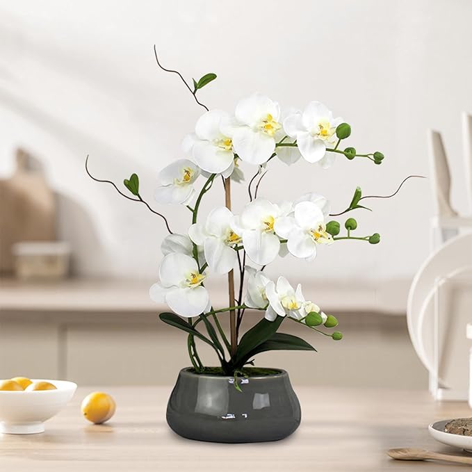 White Orchid Artificial Flowers with Gray Vase Large Silk Faux Phalaenopsis Flowers for Dining Room Table Floral Centerpieces Indoor Decoration-Ruum Studio Home