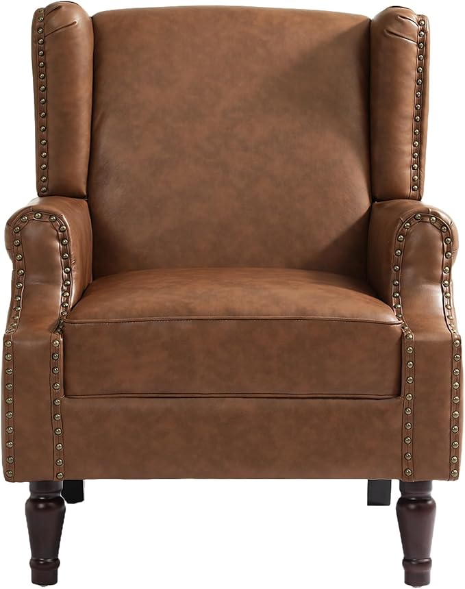 UIXE PU Leather High Back Accent Chairs Set of 2, Upholstered Armchair for Living Room, Retro Wingback Arm Chair Nailhead Trim Single Sofa Bedroom Reading Seat - Brown-Ruum Studio Home