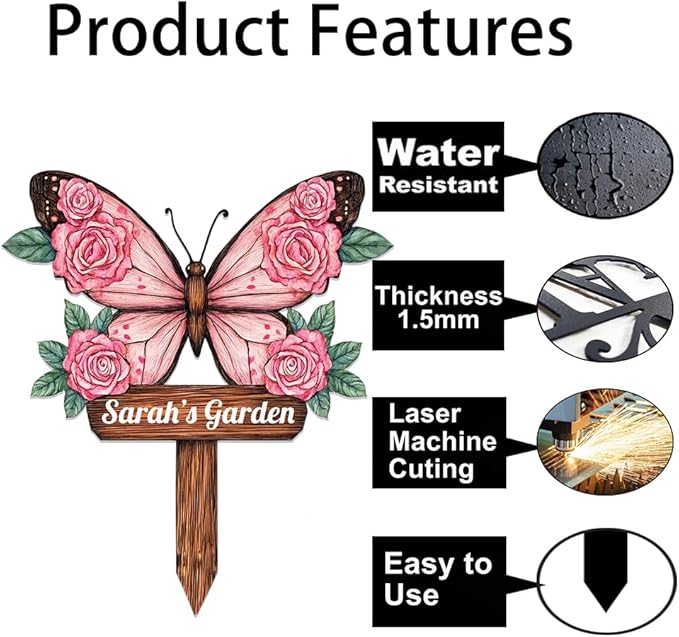Personalized Butterfly Metal Sign with Stake,Custom Gardener Last Name Signs Outdoor Decorate,Customized Garden Accessories Decor for Mother's Day,Rose Flowers Plaques for Patio Lawn Porch Backyard-Ruum Studio Home