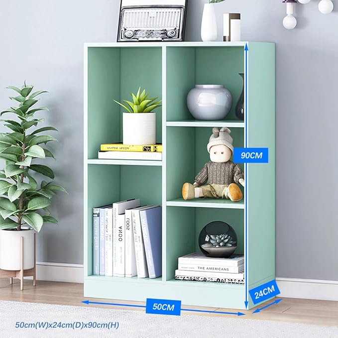 IOTXY Open Shelf Low Bookcase - Wooden 3-Tier Floor Standing Display Cabinet Organizer with Base, 5 Cubes Short Horizontal Bookshelf in Tiffany-Green-Ruum Studio Home