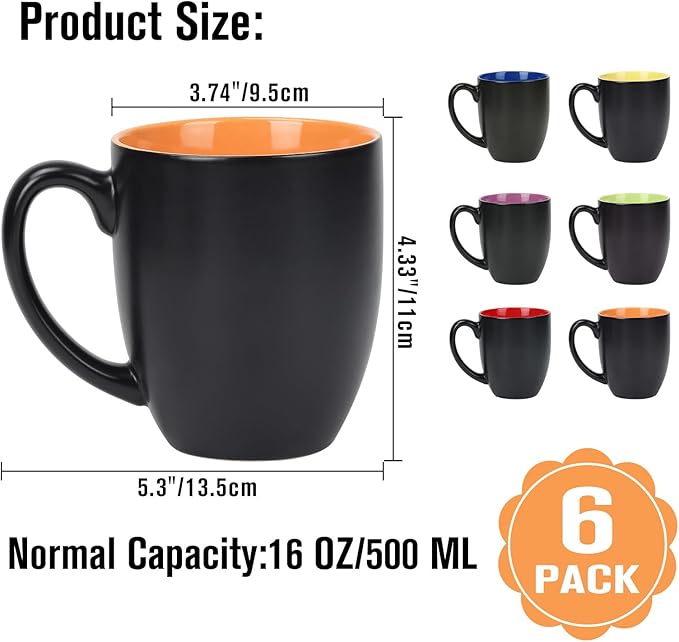 16 OZ Stoneware Coffee Mug Set of 6, Black Ceramic Mug with Different Color Inside, Colorful Porcelain Mug with Handle for Latte Espresso Cappuccino-Ruum Studio Home