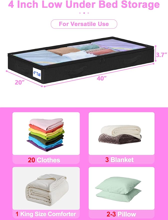 punemi Under Bed Storage Containers, Below 4 Inches Tall Low Profile Foldable Under Bed Storage,No Structure, Soft Fabric Blanket Storage and Clothing Storage with Zipper, 2 Pack, 20x40x3.7in, Black-Ruum Studio Home
