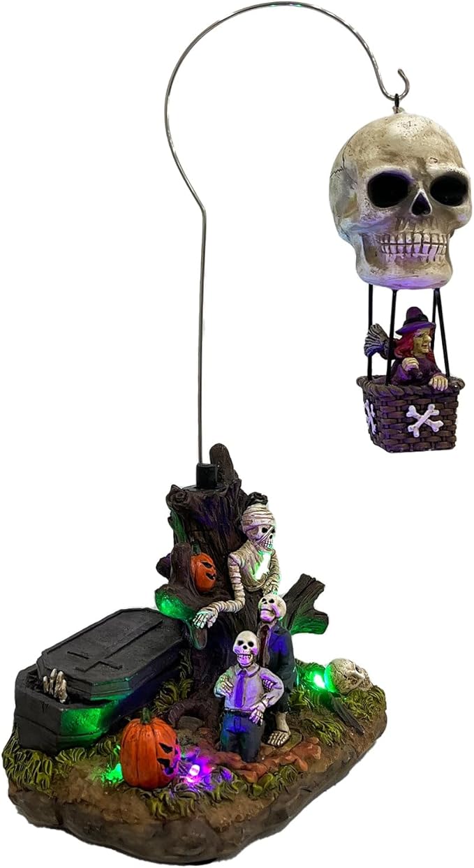 Animated Skull Balloon Ride Halloween Figurine | Spooky Town Collection Accessories with Multi-Color LED, Motion and Sound | 14.13 Inch-Ruum Studio Home