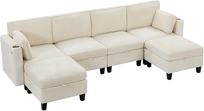 110" Modular Sectional Sofa, Convertible Sleeper Sofa Couch Bed with Adjustable Backrest, U-Shaped Chenille Cloud Couch with Ottoman Storage, Deep Seat Couches for Living Room,Beige-Ruum Studio Home
