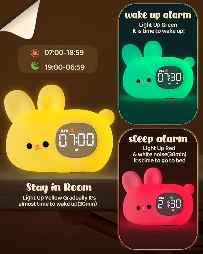 Bunny Alarm Clock for Kids with Night Light, Sleep Training Clock Time to Wake Clock, Rechargeable Silicone Light for Bedroom, Perfect Sleep Companion for Boys Girls-Ruum Studio Home