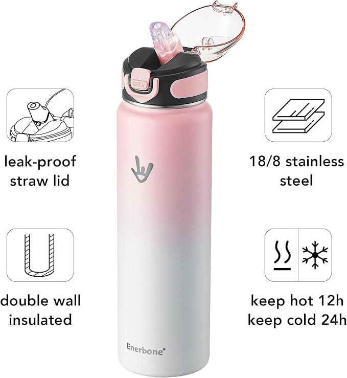 Enerbone 32 oz Insulated Water Bottle, Stainless Steel Bottle with Carrying Strap, Double-Wall Vacuum Insulation Design, Leakproof Sports Bottle with Straw, Keep Drinks Cold or Hot for Hours-Ruum Studio Home