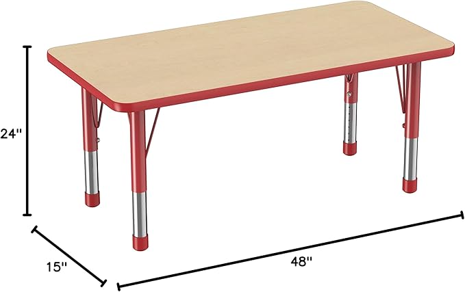 FDP Rectangle Activity School and Kids Classroom Table (24 x 48 inch), Toddler Legs, Adjustable Height 15-24 inches - Maple Top and Red Edge-Ruum Studio Home