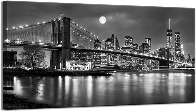 LevvArts - Black and White New York Picture Brooklyn Bridge Canvas Wall Art Full Moon Night Manhattan City Poster Canvas Print Framed Gallery Wrapped Modern Home Office Decoration-Ruum Studio Home