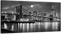 LevvArts - Black and White New York Picture Brooklyn Bridge Canvas Wall Art Full Moon Night Manhattan City Poster Canvas Print Framed Gallery Wrapped Modern Home Office Decoration-Ruum Studio Home