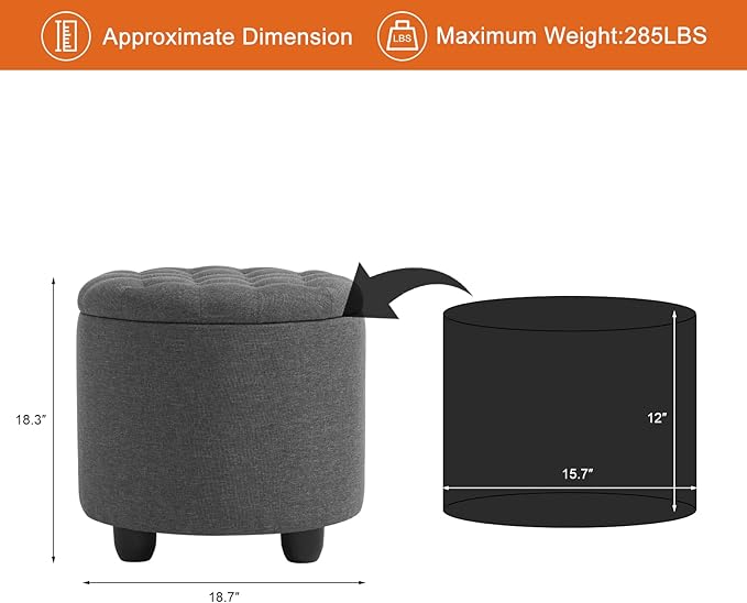Furniliving 18.7inch Storage Round Ottoman, Footstools with Hidden Storage with Removable Lid, Stylish Button Tufted Design Ottoman Foot Stools for Living Room, Bedroom，Darkgrey-Ruum Studio Home