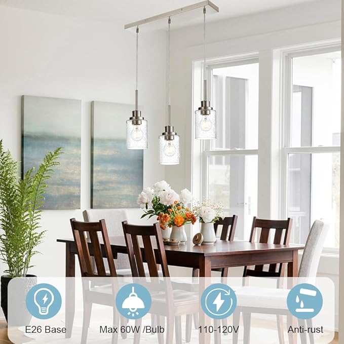 3-Light Farmhouse Chandelier Light Fixture Brushed Nickel Clear Seeded Glass Dining Room Hanging Modern Pendant Lighting Over Table,Traditional Ceiling Lights for Kitchen Island Entryway-Ruum Studio Home